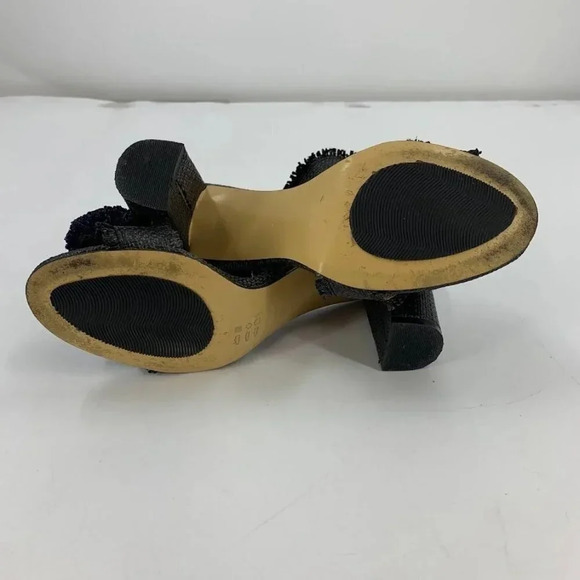 All Black Open-toe Raffia Fringe Pompom Block Heels Ankle Strap Sandals Size 7.5 - Picture 15 of 15